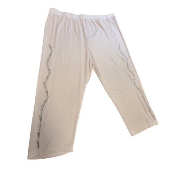 𝅺WHITE Elastic Waist Cotton Poly Capri Pants with Sequin Accents  Size L/XL - Picture 7 of 8